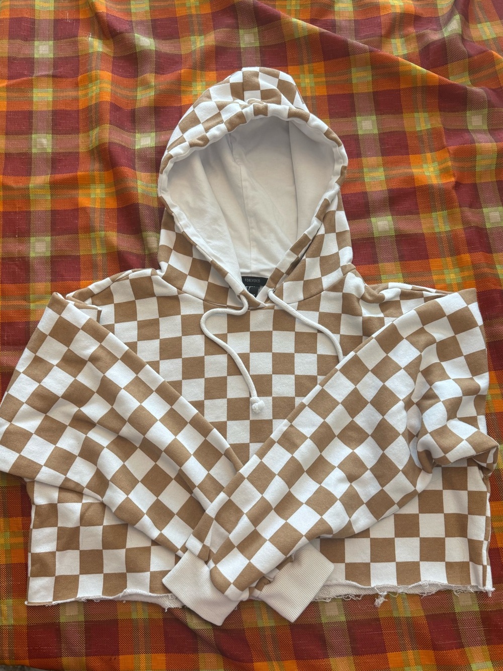 Forever 21 Tan & White Checkerboard Cropped Hoodie
